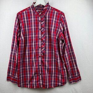 Gap Womens Red Check The Fitted Boyfriend Shirt Size XL Button Front Ruffle Neck